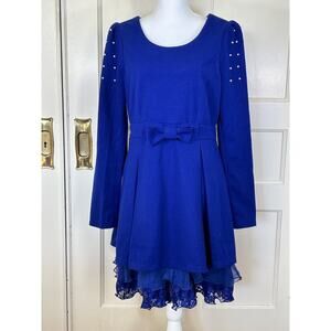 Ryu Anthropologie Women’s Royal Blue Scoop Neck Bow Pearls Ruffle Dress L NWT